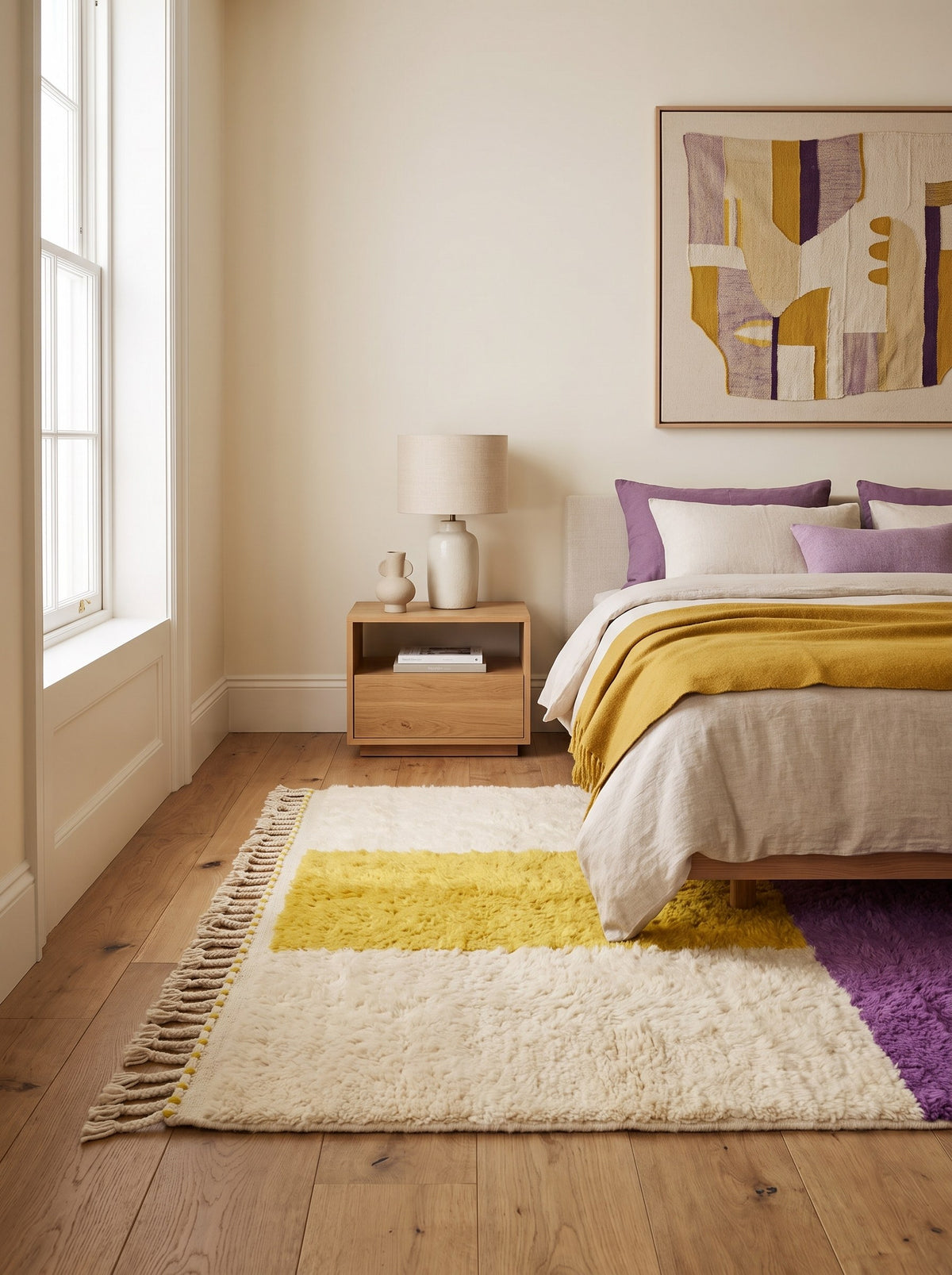 Tapis berbère coloré blanc et jaune Tahala dans une chambre, noué main au Maroc
