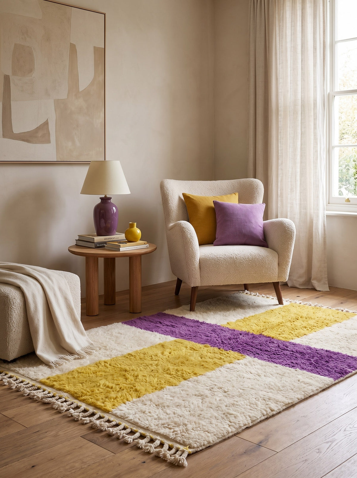 Tapis berbère coloré blanc et jaune Tahala dans un coin lecture, noué main au Maroc