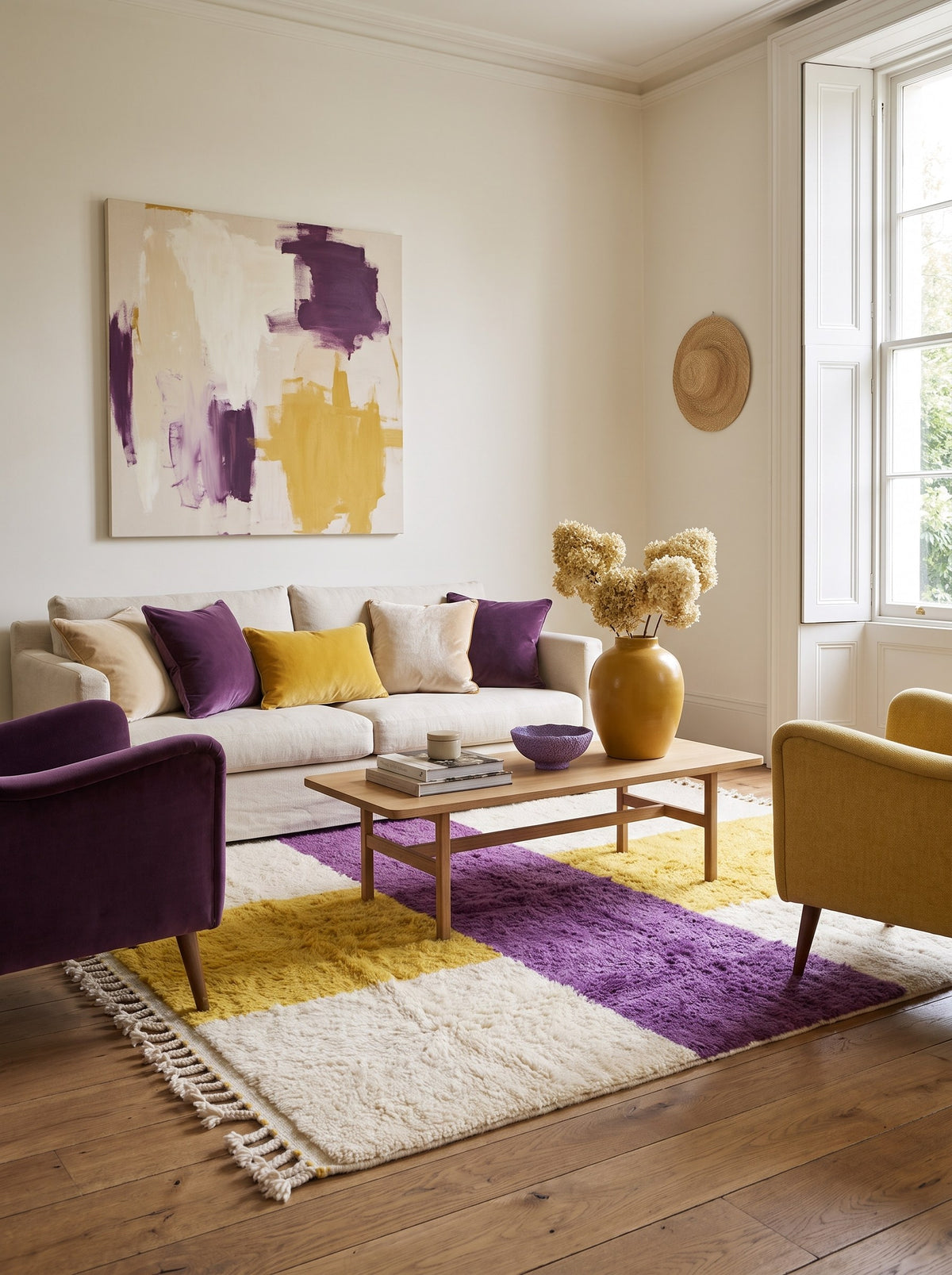 Tapis berbère coloré blanc et jaune Tahala dans un autre salon, noué main au Maroc
