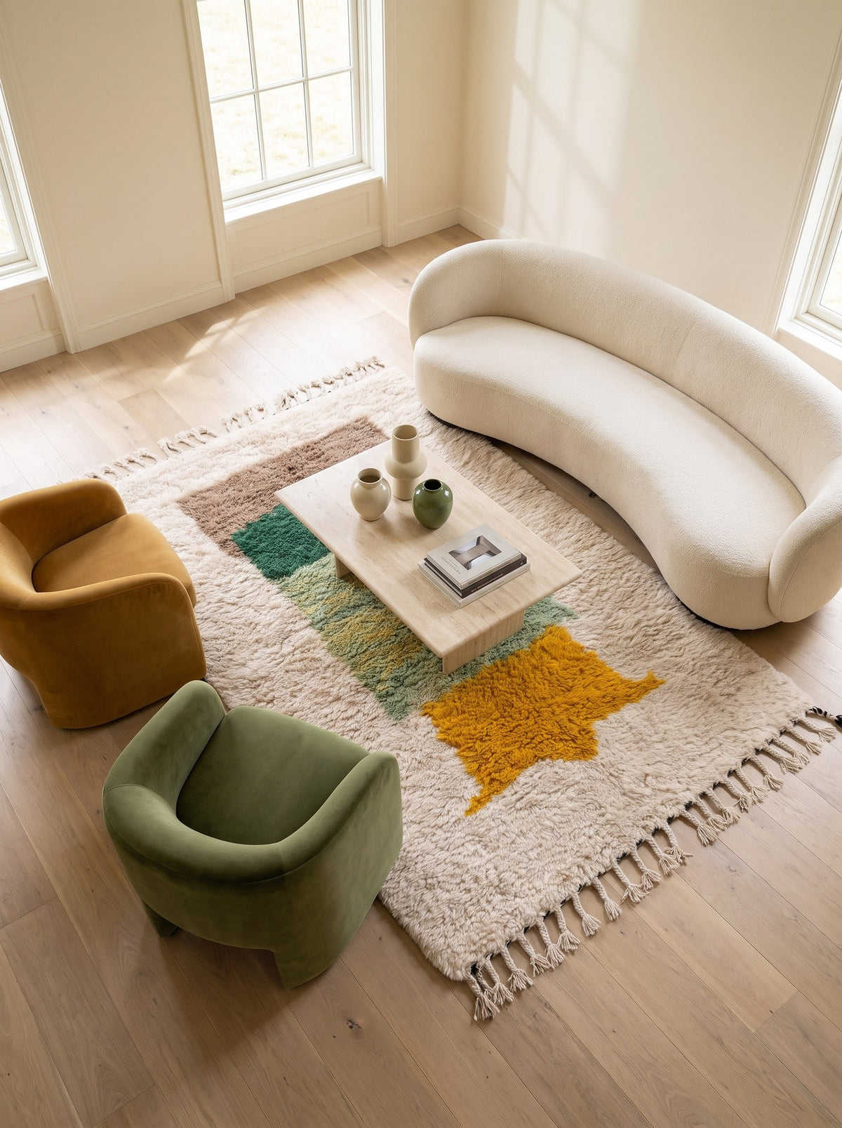Tapis berbère coloré blanc et vert Tigalwa dans un autre salon, noué main au Maroc