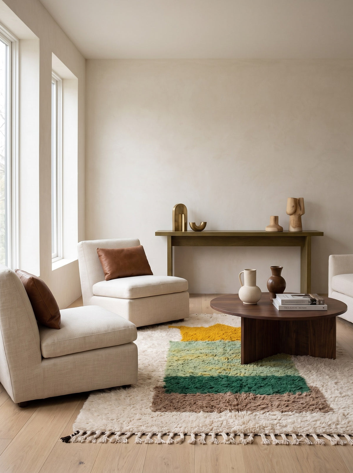 Tapis berbère coloré blanc et vert Tigalwa dans un salon, noué main au Maroc