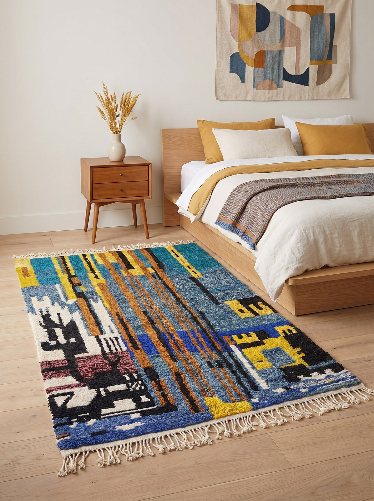 Tapis berbère coloré bleu et jaune Marchica dans une chambre, noué main au Maroc