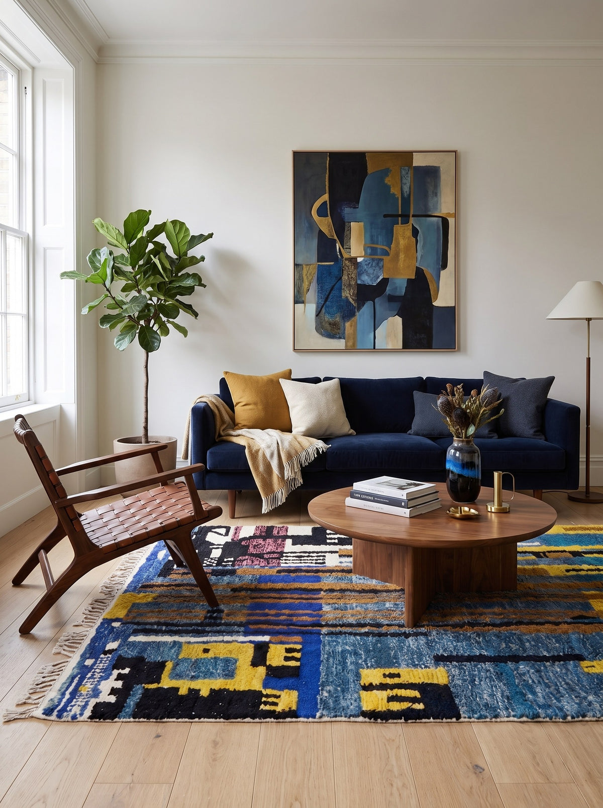 Tapis berbère coloré bleu et jaune Marchica dans un autre salon, noué main au Maroc