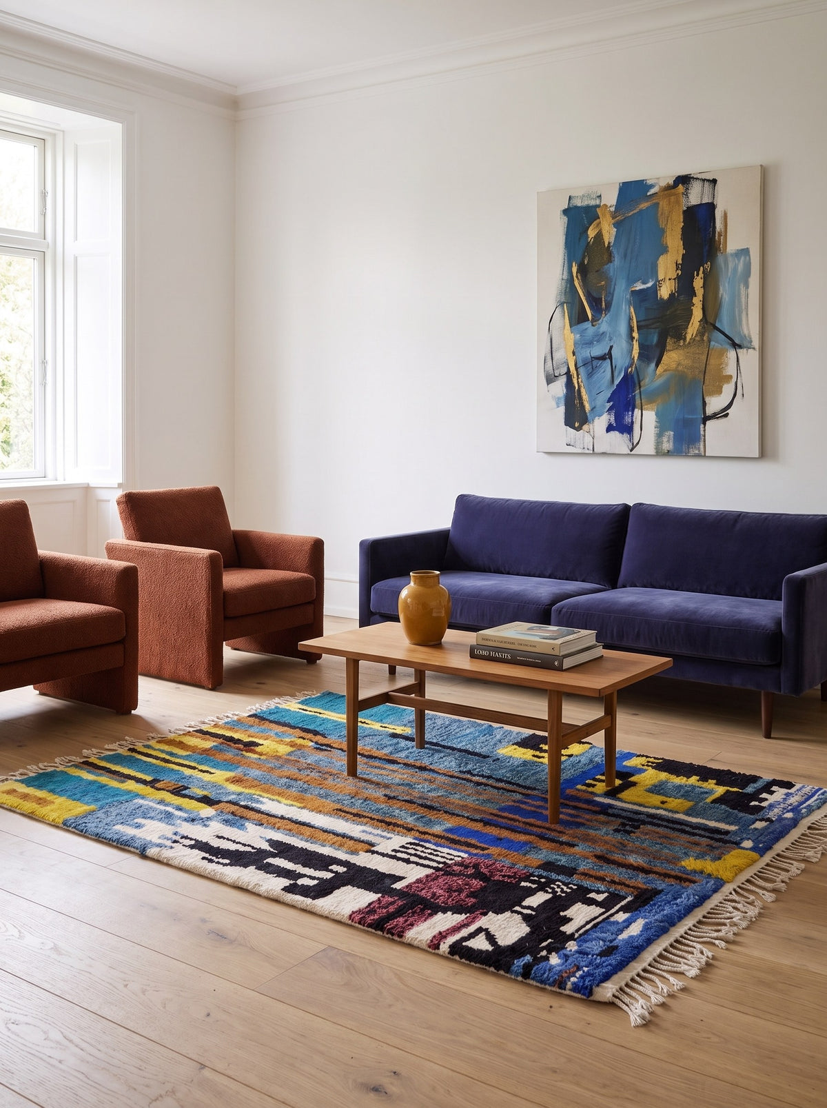 Tapis berbère coloré bleu et jaune Marchica dans un salon, noué main au Maroc
