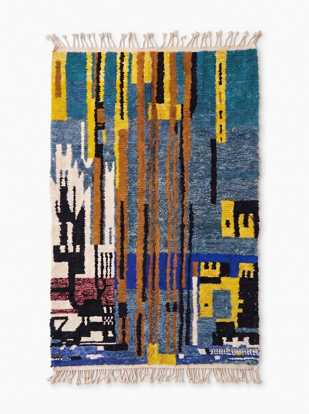 Tapis berbère coloré bleu et jaune Marchica vu à plat, fond bleu jean et bleu canard, franges écrues