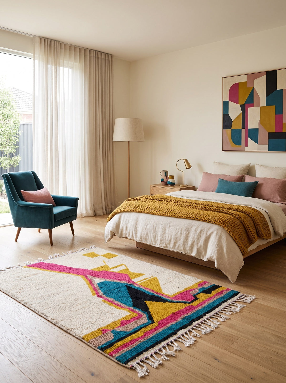 Tapis berbère coloré fuchsia et bleu Dourzal dans une chambre, noué main au Maroc