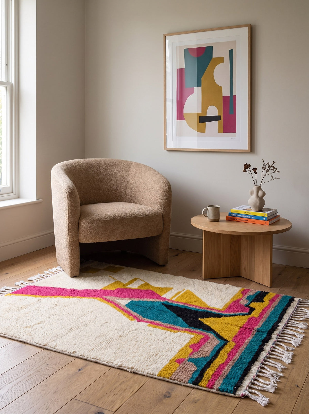 Tapis berbère coloré fuchsia et bleu Dourzal dans un coin lecture, noué main au Maroc