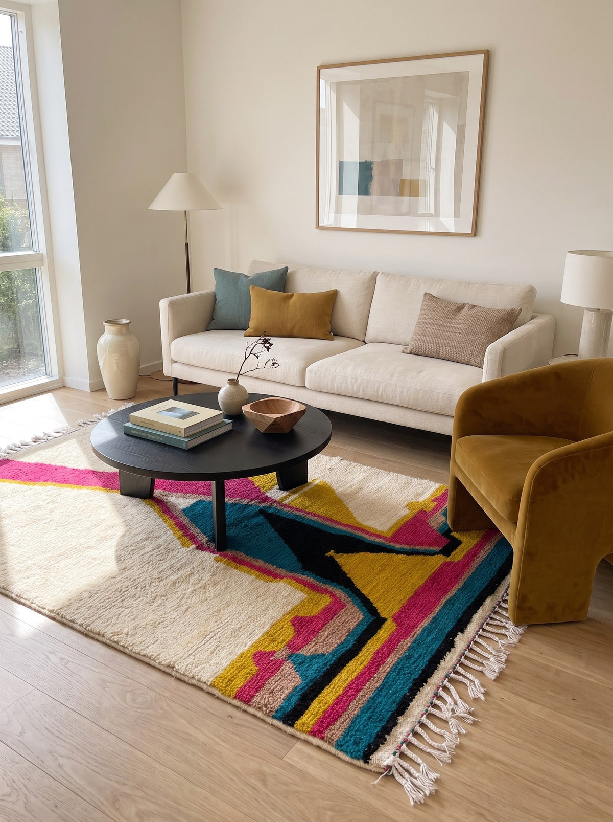 Tapis berbère coloré fuchsia et bleu Dourzal dans un autre salon, noué main au Maroc