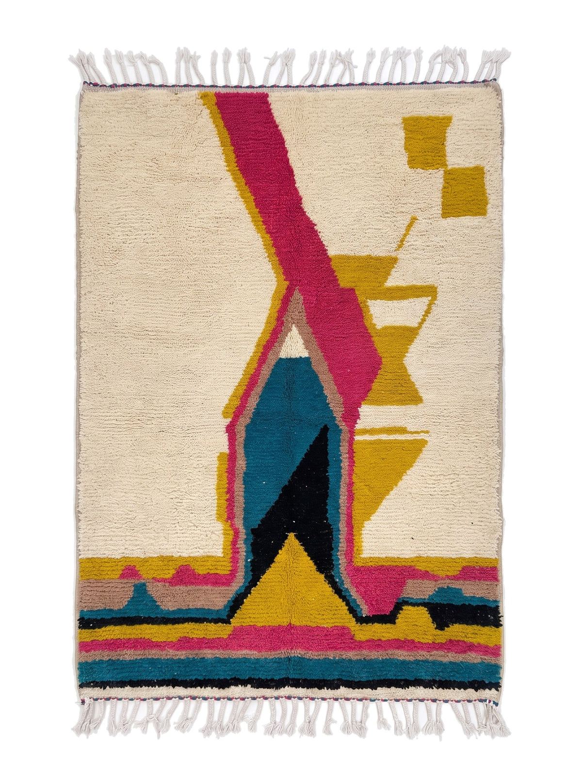 Dourzal colourful Berber rug in fuchsia and blue, laid flat, abstract medium-pile field, ivory ground, wide fuchsia band