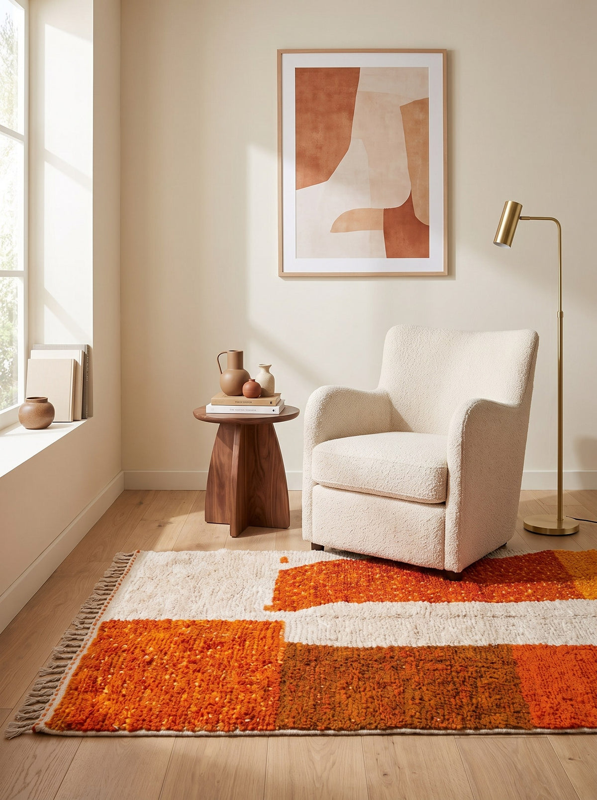 Amadal colourful Berber rug in orange and white, in a reading nook, hand-knotted in Morocco