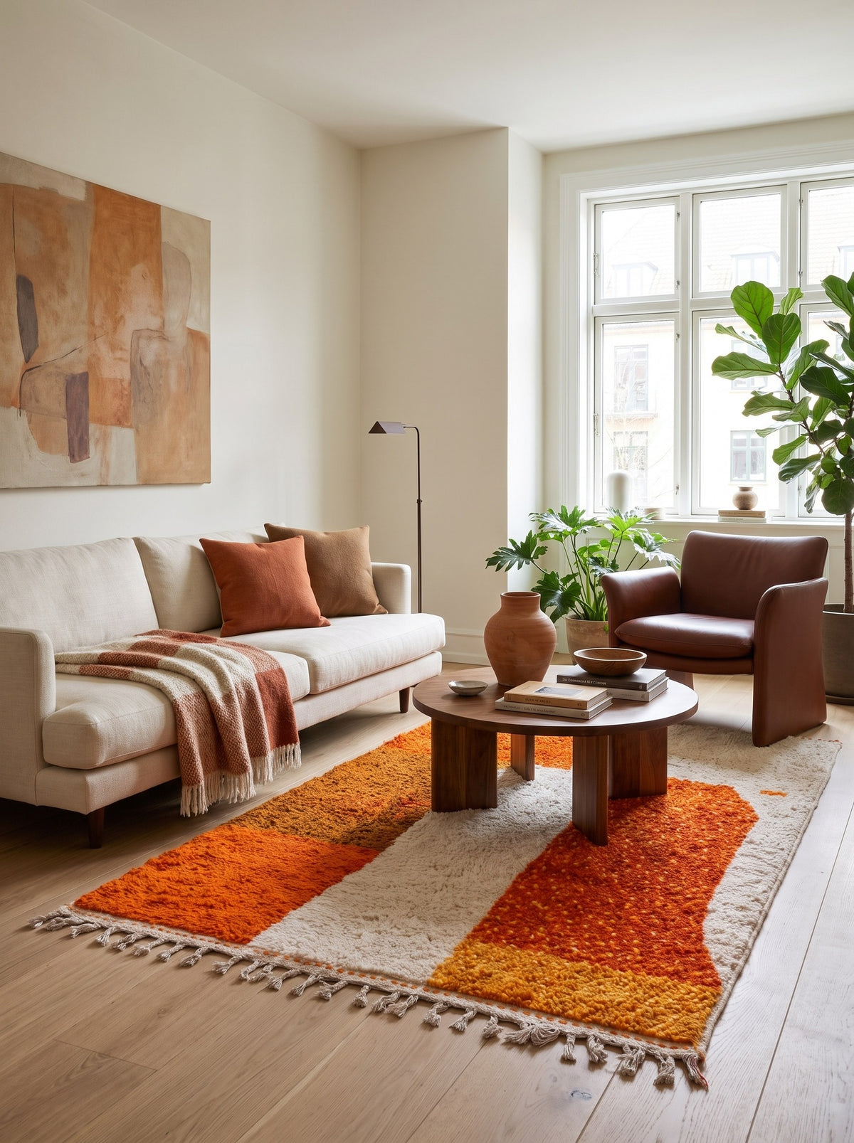 Amadal colourful Berber rug in orange and white, in a living room, hand-knotted in Morocco