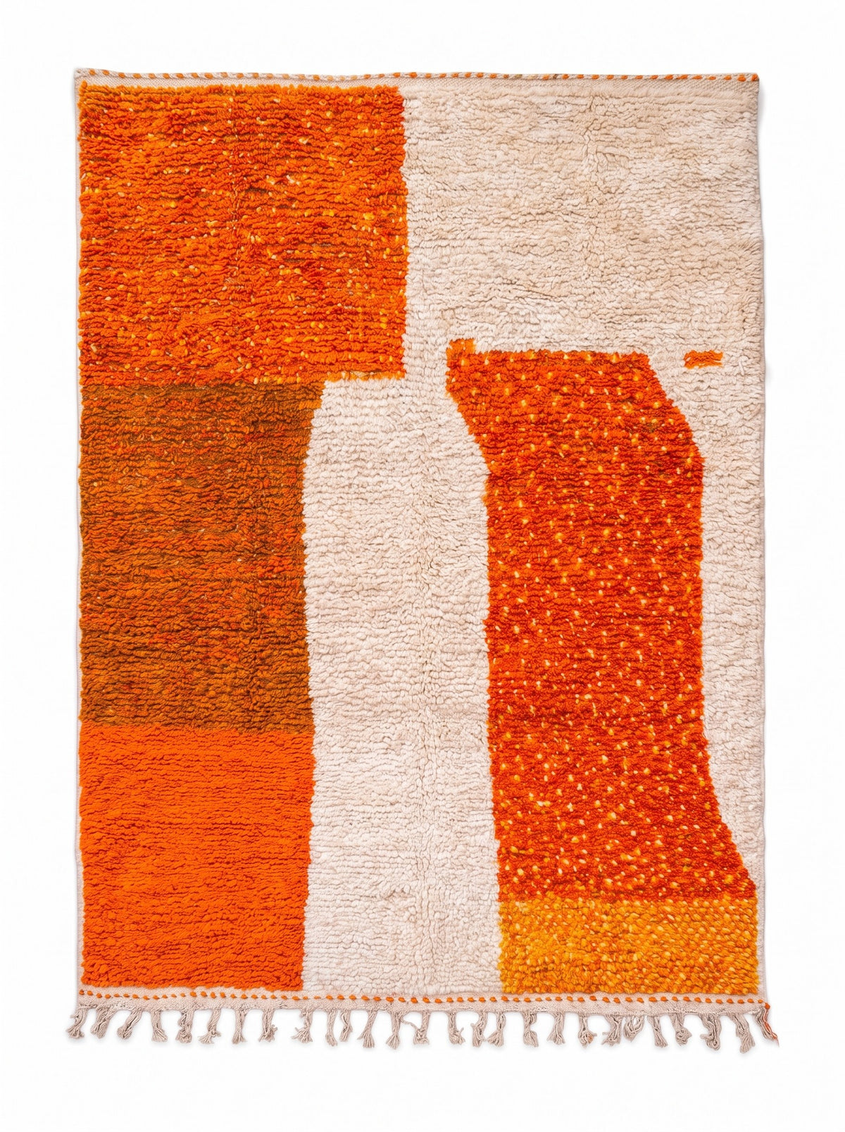 Amadal colourful Berber rug in orange and white, laid flat, left: three stacked bright orange blocks, knotted ecru fringes below