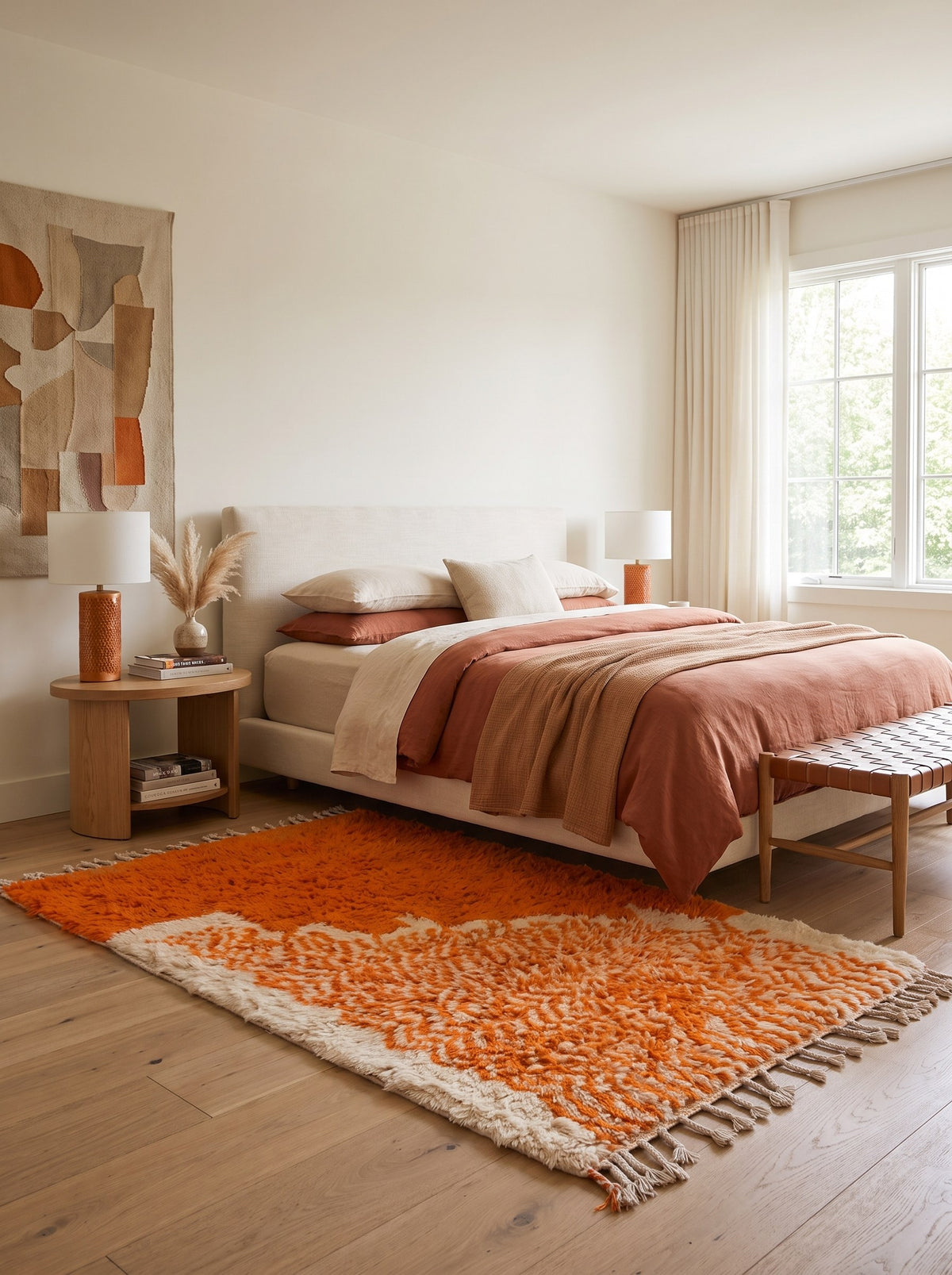 Azghal colourful orange and white Berber rug in a bedroom, hand-knotted in Morocco
