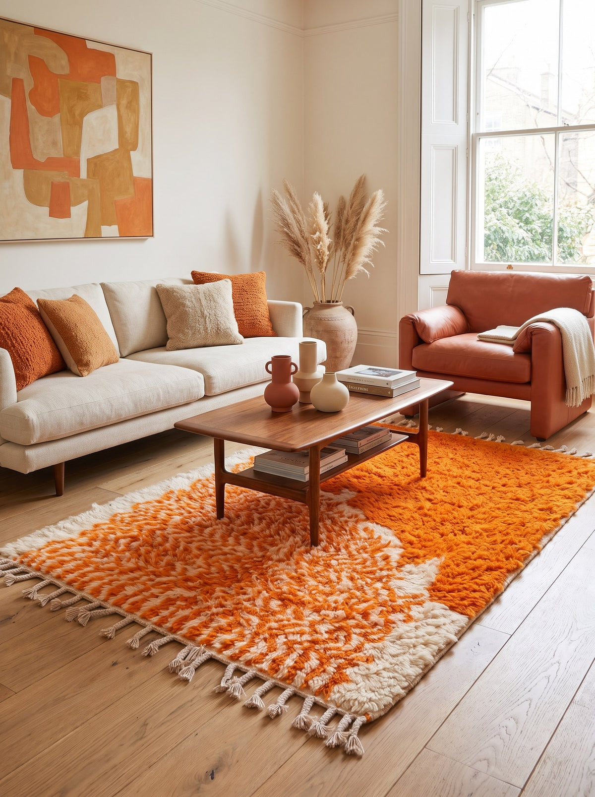 Azghal colourful orange and white Berber rug in a living room, hand-knotted in Morocco