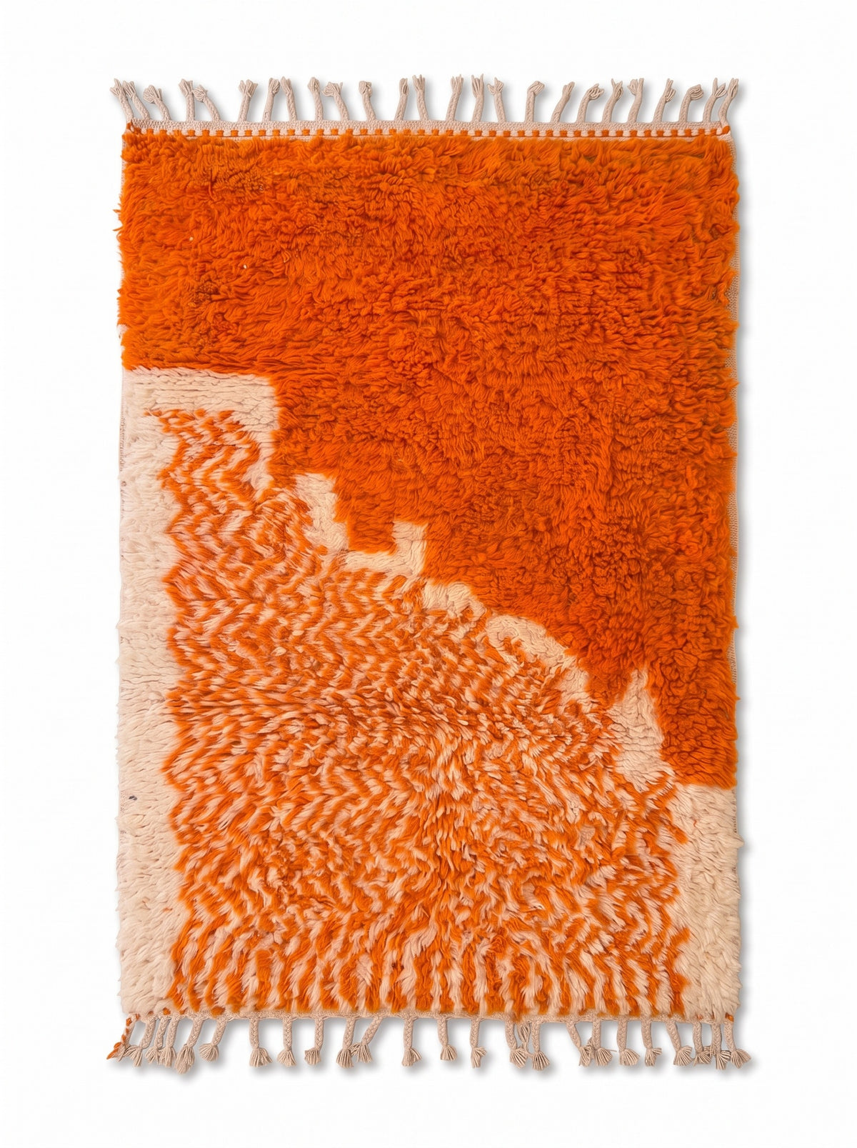 Azghal colourful orange and white Berber rug laid flat, solid bright orange upper half, stepped descending boundary