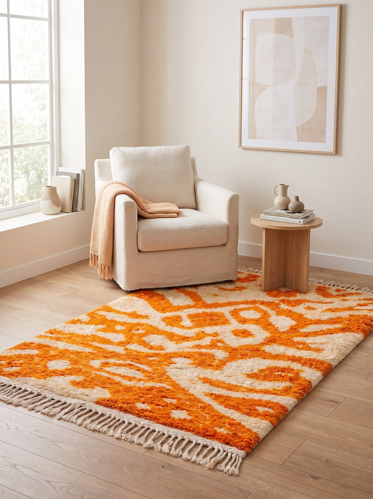 Todgha colorful Berber rug in orange and white, in a reading nook, hand-knotted in Morocco
