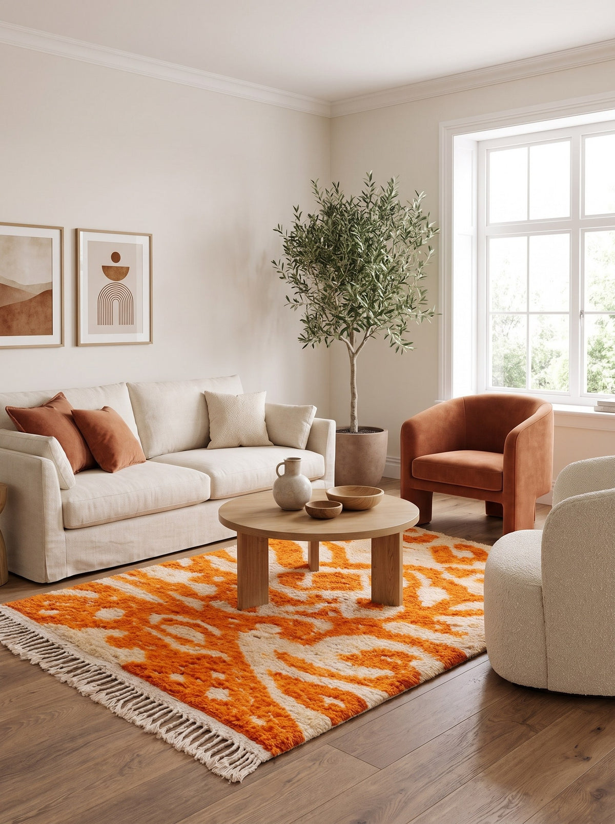 Todgha colorful Berber rug in orange and white, in another living room, hand-knotted in Morocco