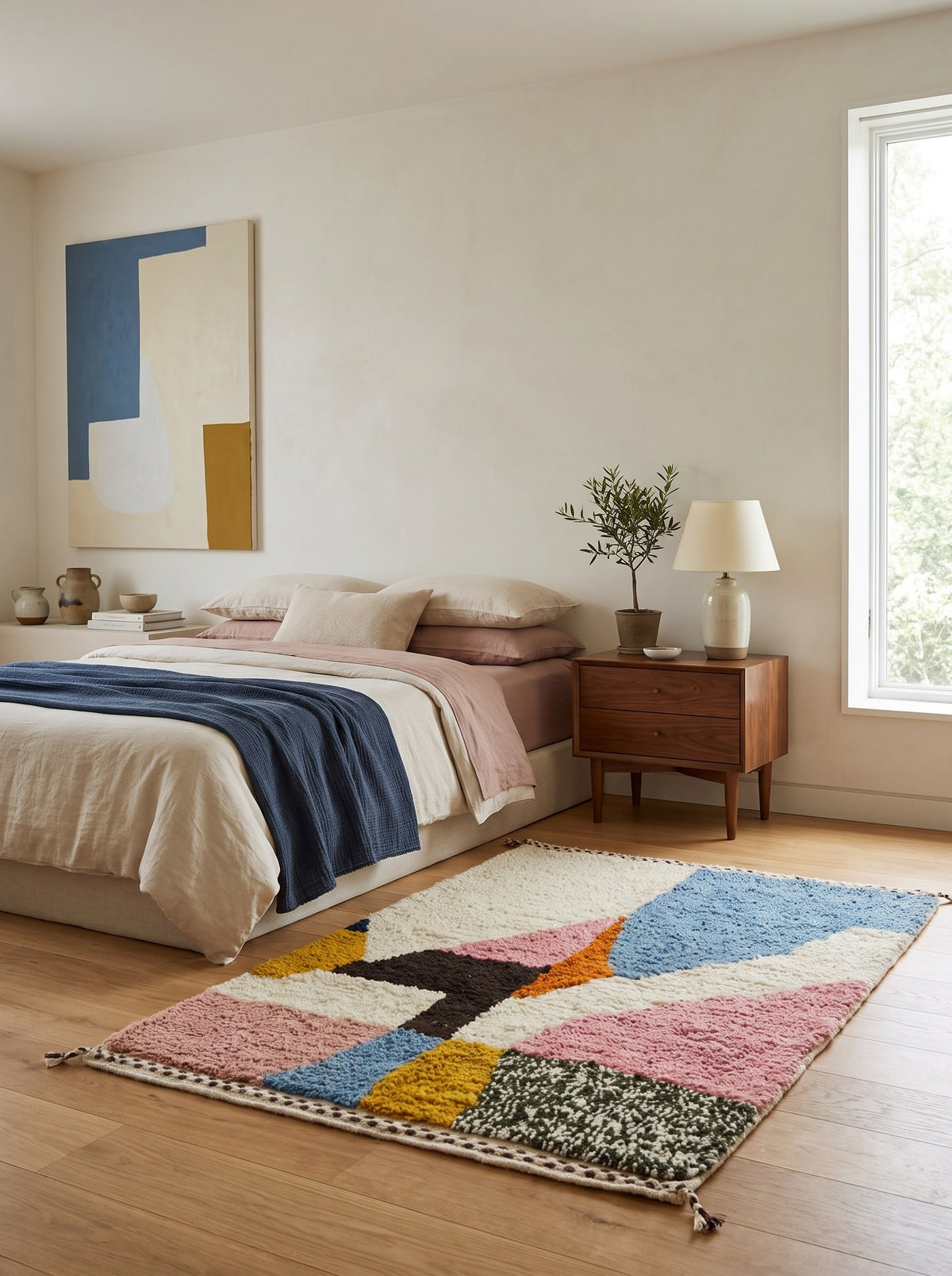 Tapis berbère coloré rose et bleu Sazira dans une chambre, noué main au Maroc