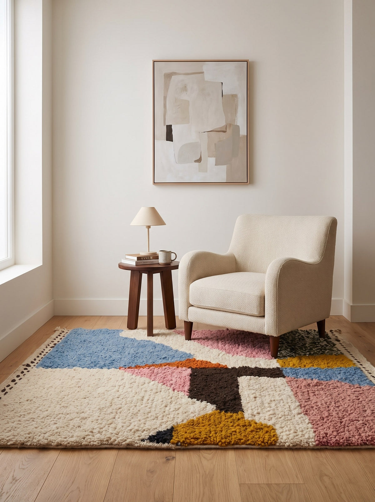 Tapis berbère coloré rose et bleu Sazira dans un coin lecture, noué main au Maroc