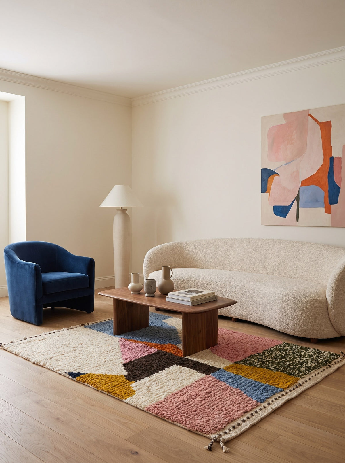 Tapis berbère coloré rose et bleu Sazira dans un autre salon, noué main au Maroc