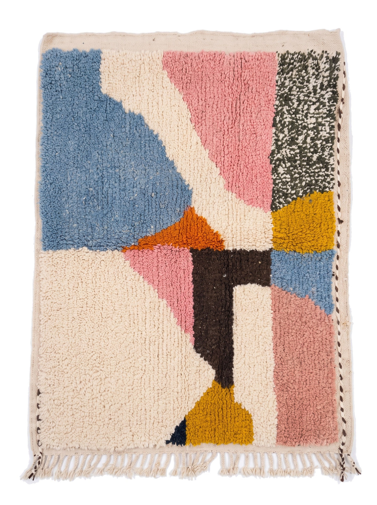 Farbenfroher Berberteppich Sazira in Rosa und Blau, flach ausgelegt, kleiner quadratischer Teppich in geometrischen Flächen