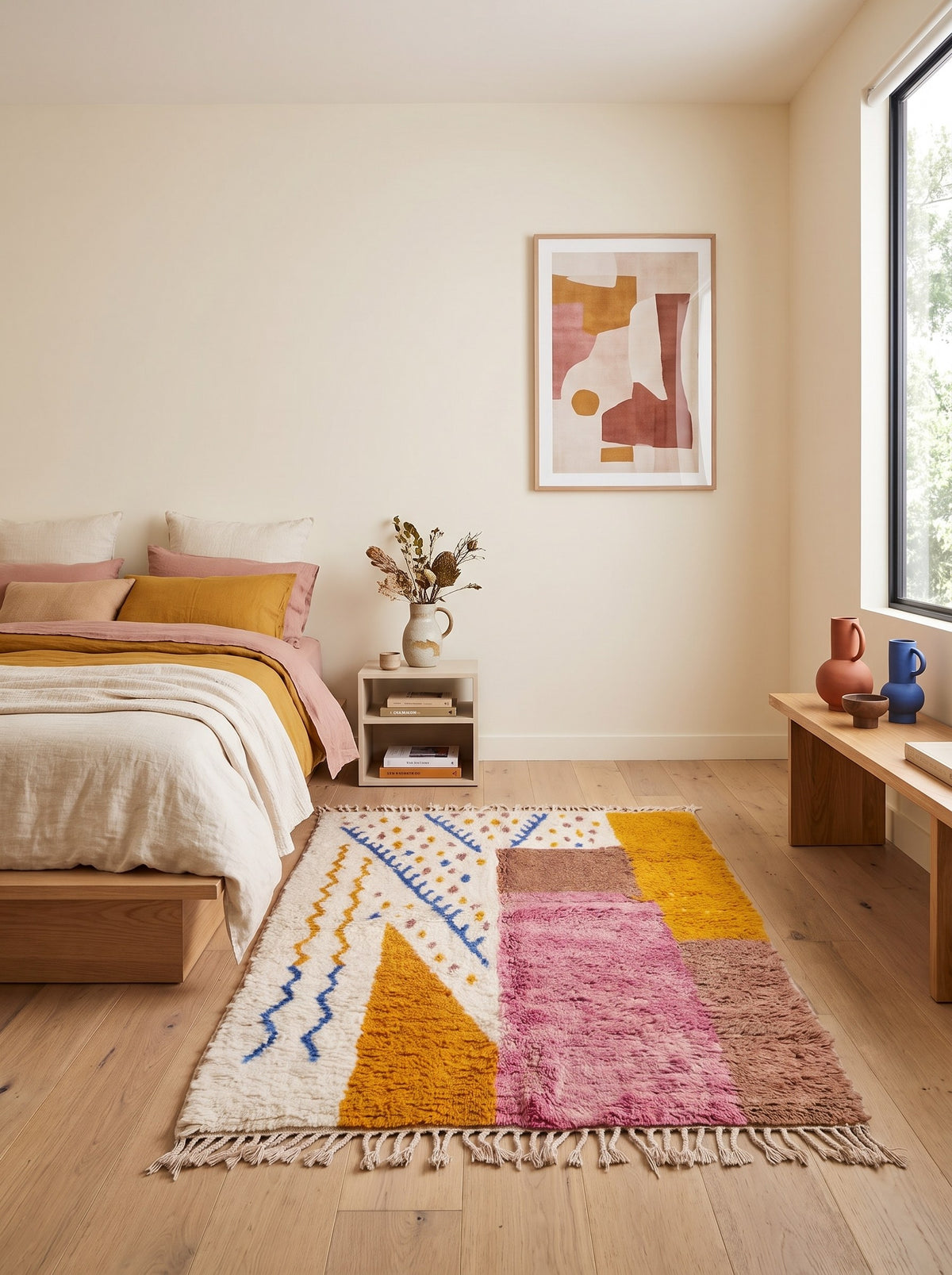 Farbenfroher Berberteppich Tinejdad in Rosa und Orange im Schlafzimmer, handgeknüpft in Marokko