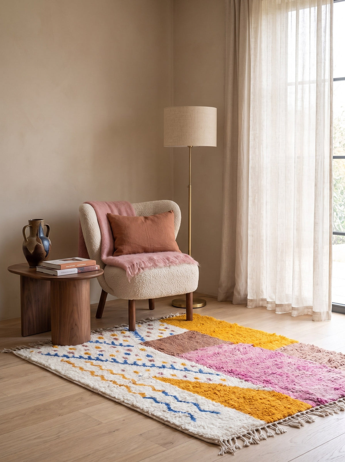 Farbenfroher Berberteppich Tinejdad in Rosa und Orange in einer Leseecke, handgeknüpft in Marokko
