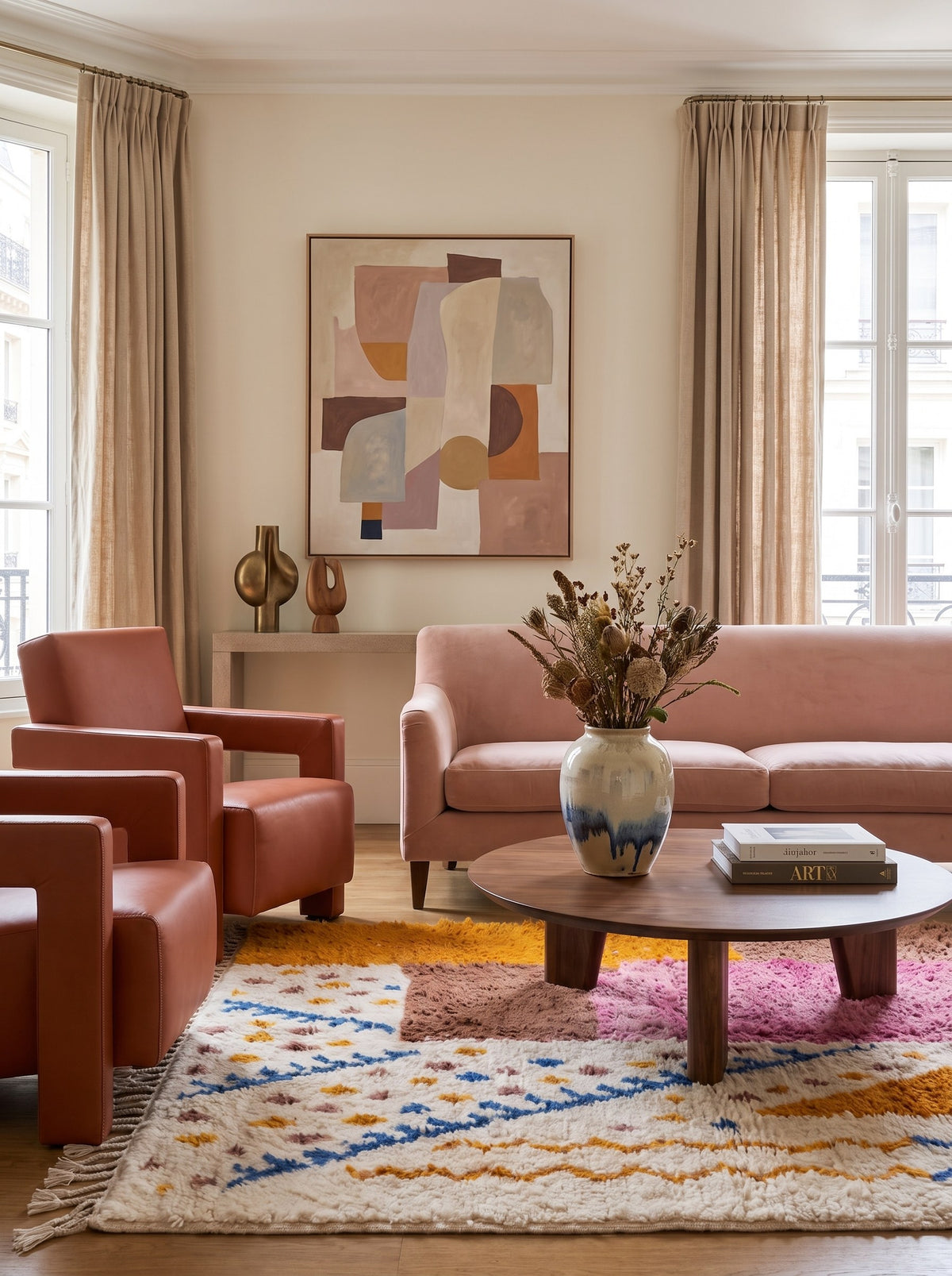Tinejdad colourful Berber rug in pink and orange in a living room, hand-knotted in Morocco