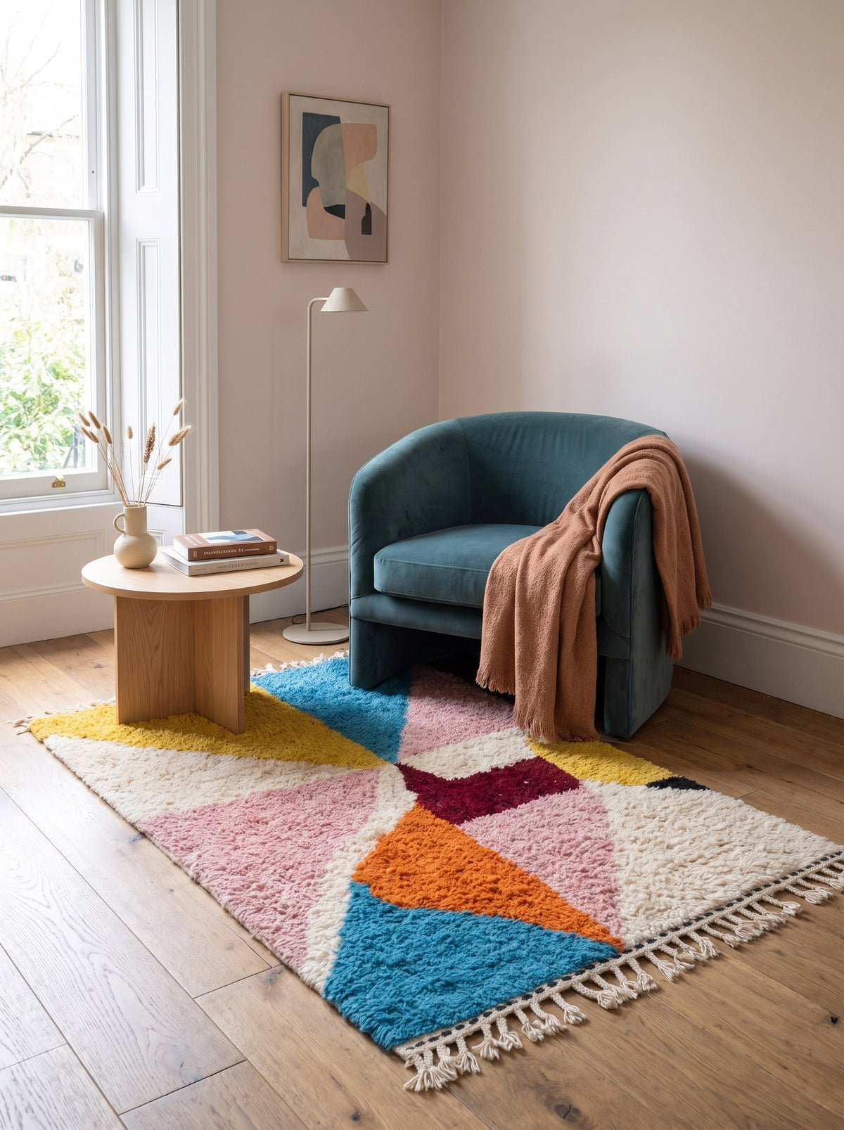 Tapis berbère coloré rose et turquoise Tilelli dans un coin lecture, noué main au Maroc