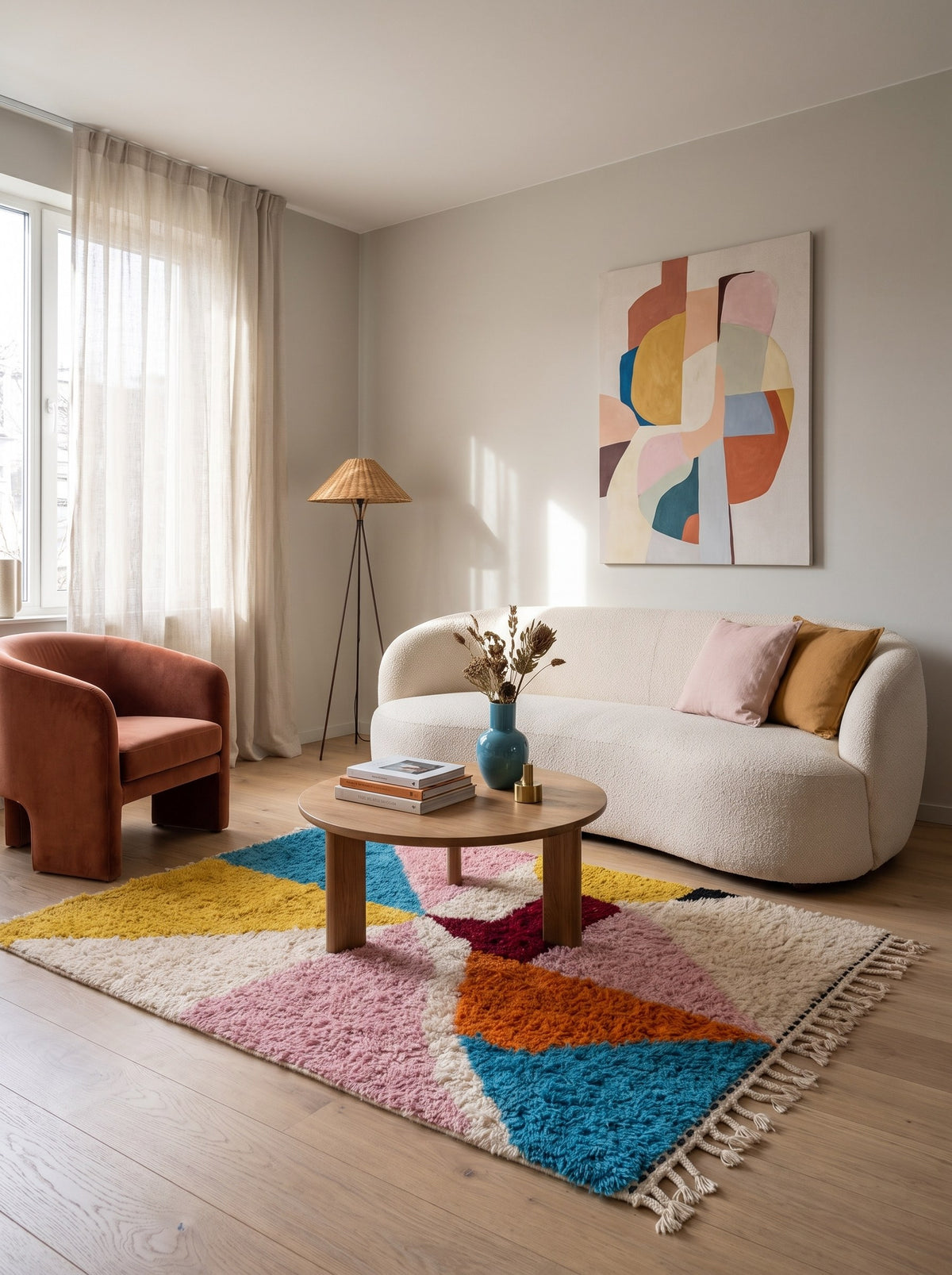 Tapis berbère coloré rose et turquoise Tilelli dans un autre salon, noué main au Maroc