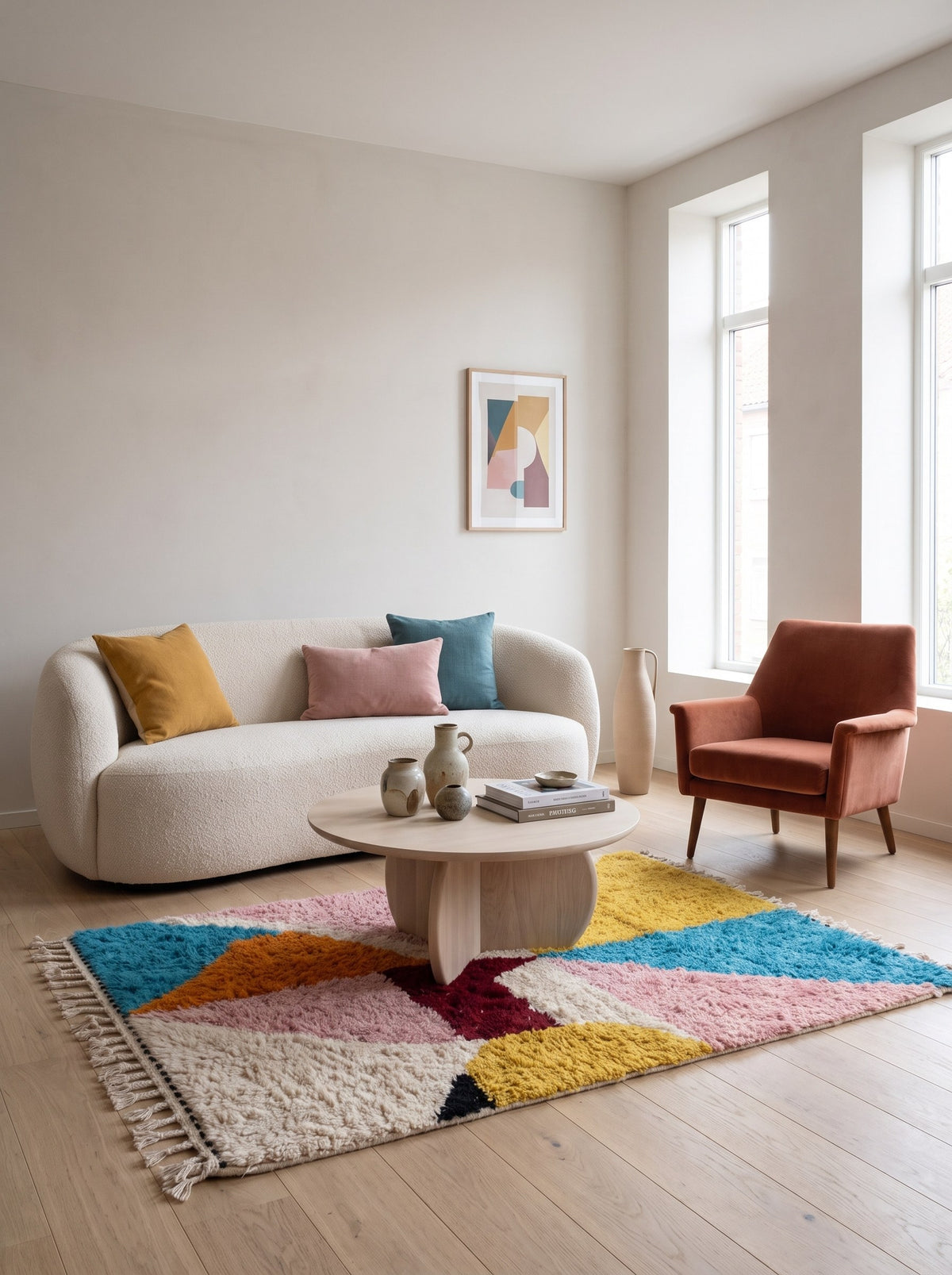 Tapis berbère coloré rose et turquoise Tilelli dans un salon, noué main au Maroc