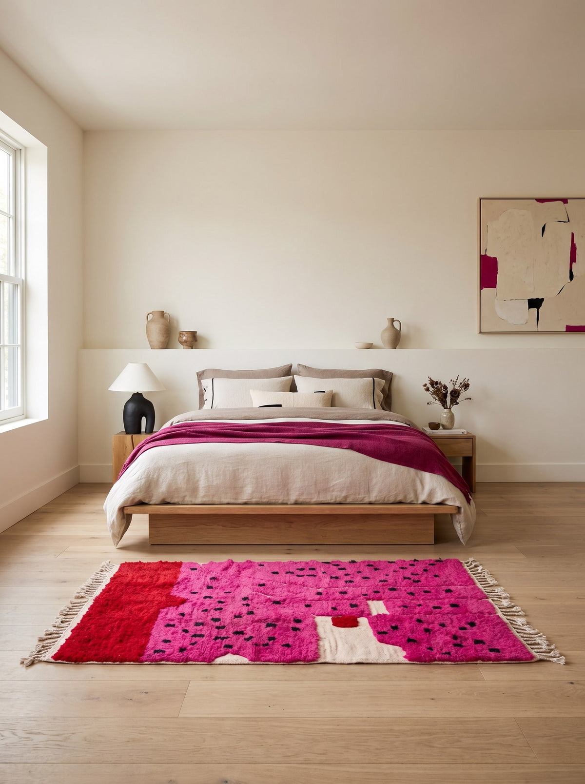 Tapis berbère coloré rose fuchsia Iriki dans une chambre, noué main au Maroc