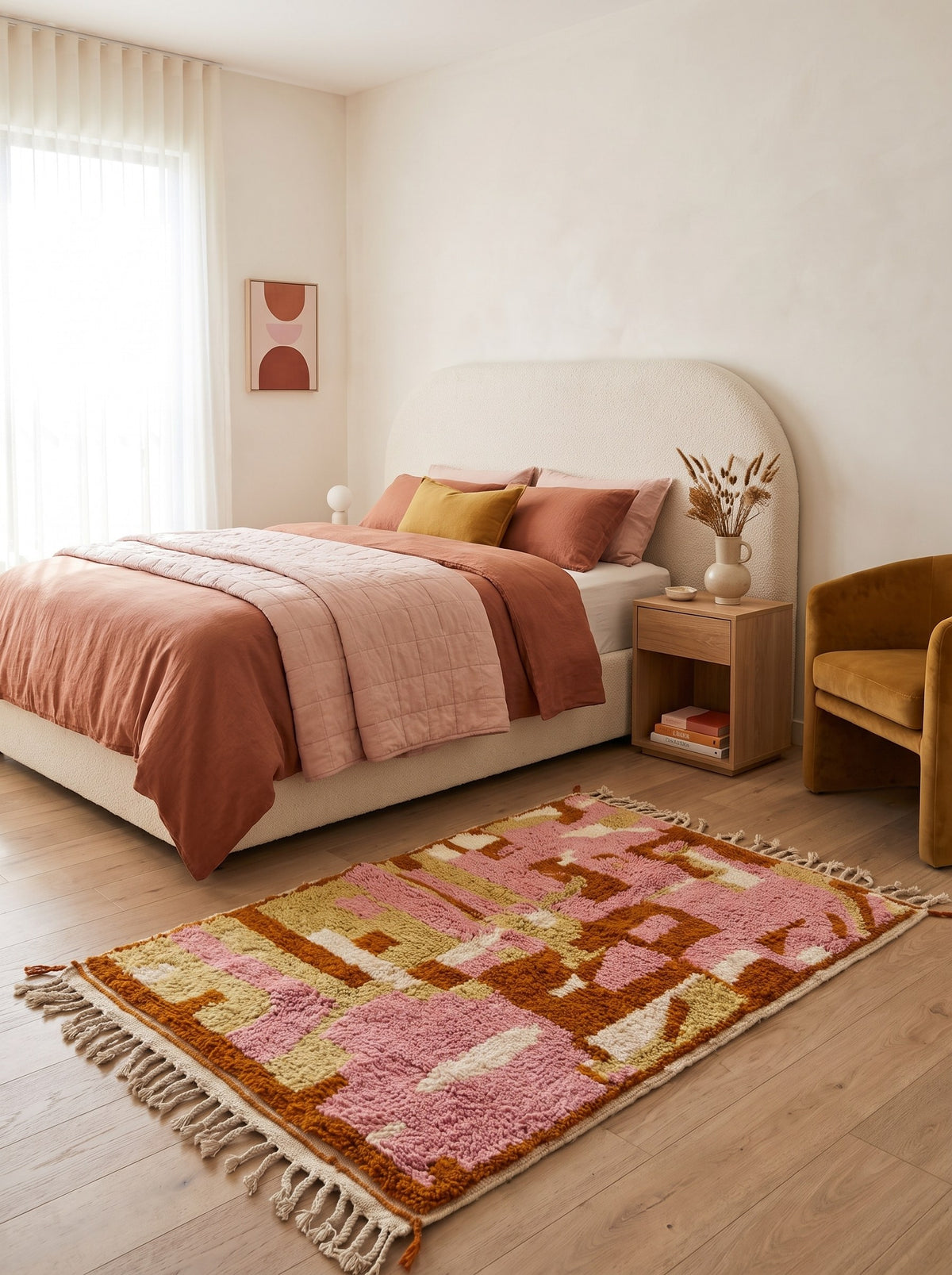 Tapis berbère coloré rose Skoura dans une chambre, noué main au Maroc