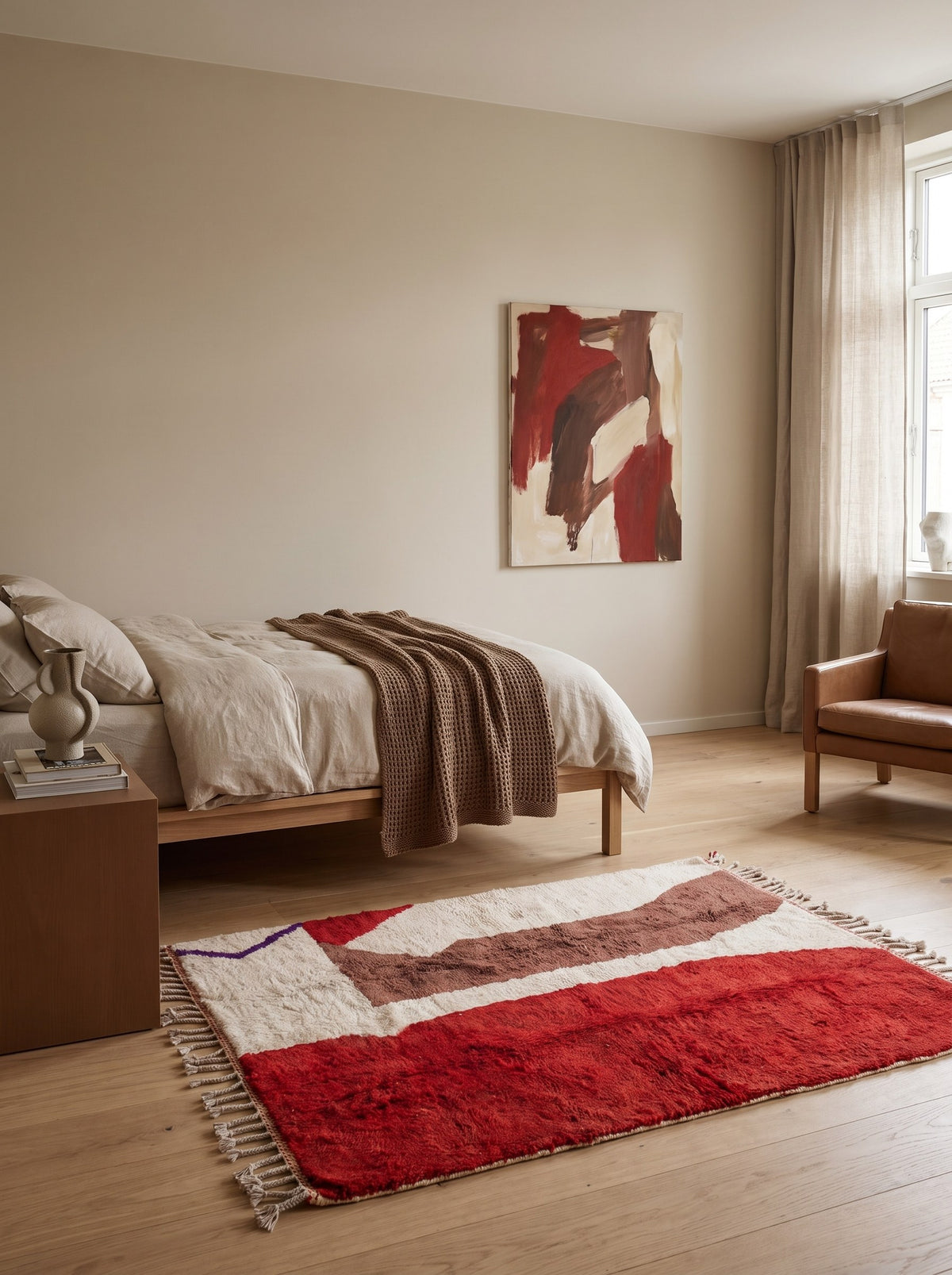 Tapis berbère coloré rouge et blanc Boudnib dans une chambre, noué main au Maroc