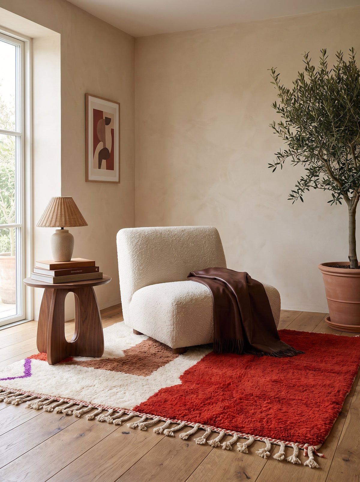 Tapis berbère coloré rouge et blanc Boudnib dans un coin lecture, noué main au Maroc