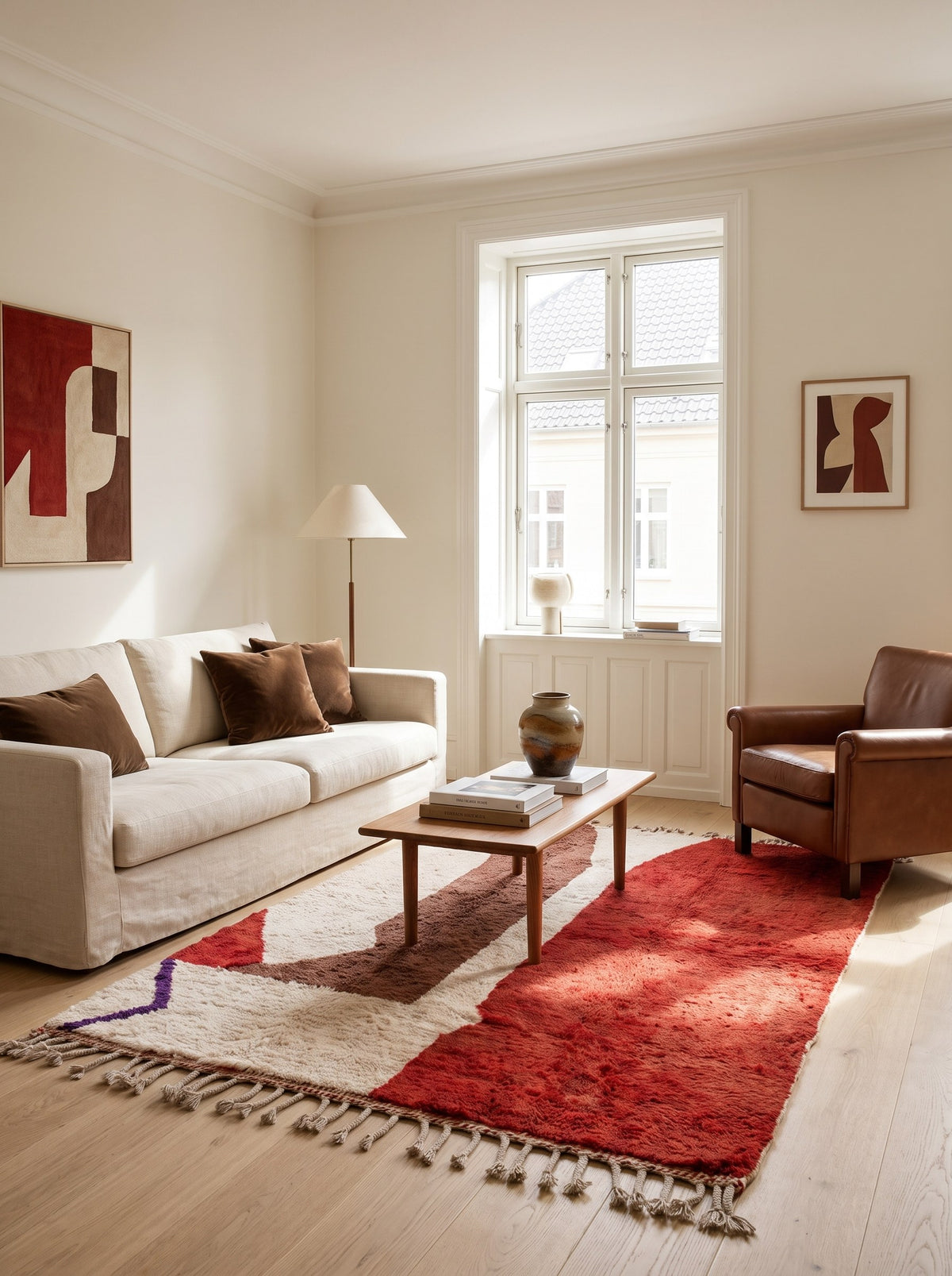 Tapis berbère coloré rouge et blanc Boudnib dans un autre salon, noué main au Maroc