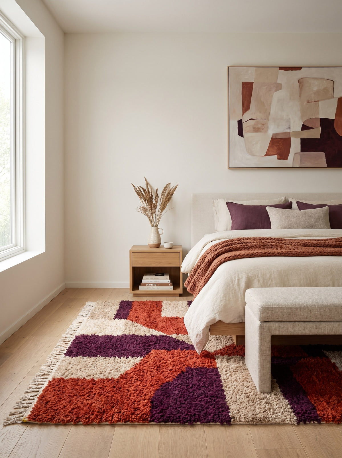 Tapis berbère coloré rouge et violet Alnif dans une chambre, noué main au Maroc
