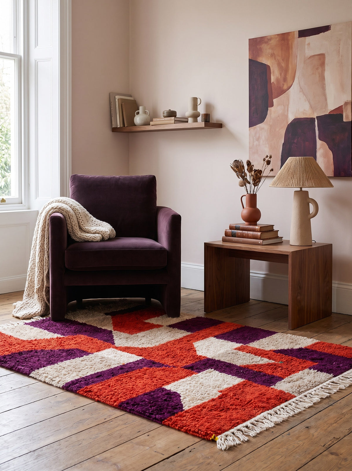 Tapis berbère coloré rouge et violet Alnif dans un coin lecture, noué main au Maroc