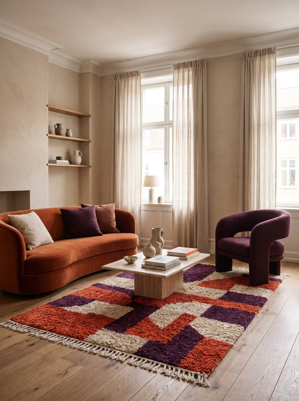 Tapis berbère coloré rouge et violet Alnif dans un salon, noué main au Maroc