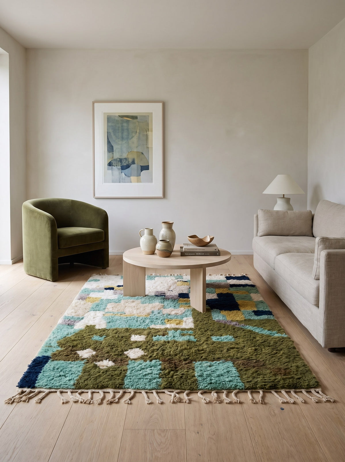 Tapis berbère coloré vert et blanc Tessaout dans un salon, noué main au Maroc
