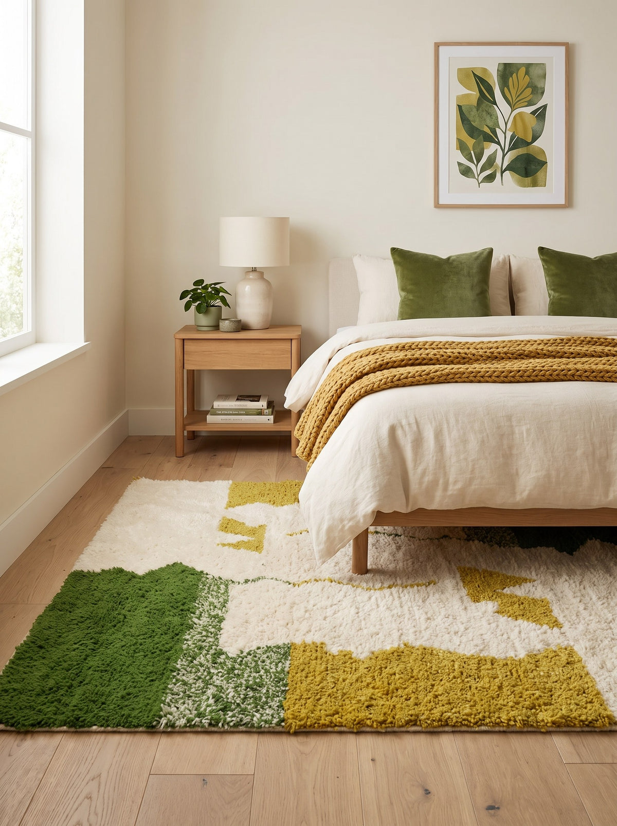 Tapis berbère coloré vert et moutarde Tounfite dans une chambre, noué main au Maroc