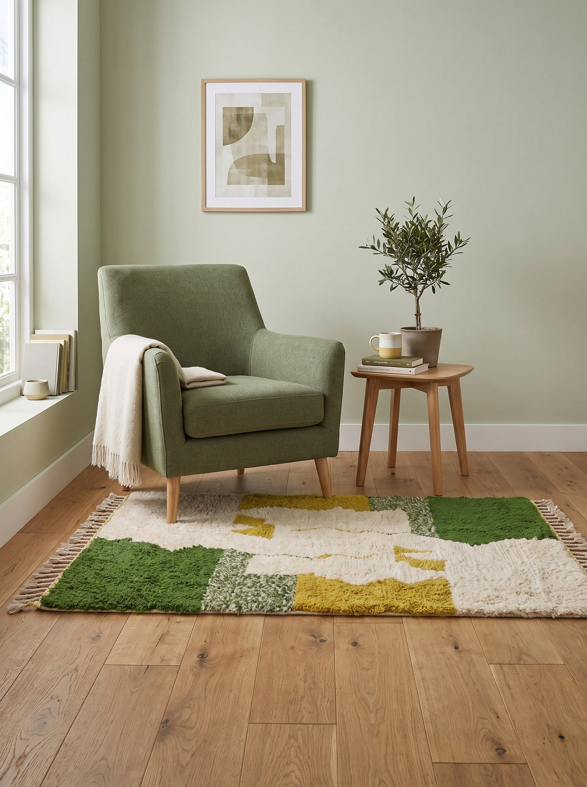 Tapis berbère coloré vert et moutarde Tounfite dans un coin lecture, noué main au Maroc