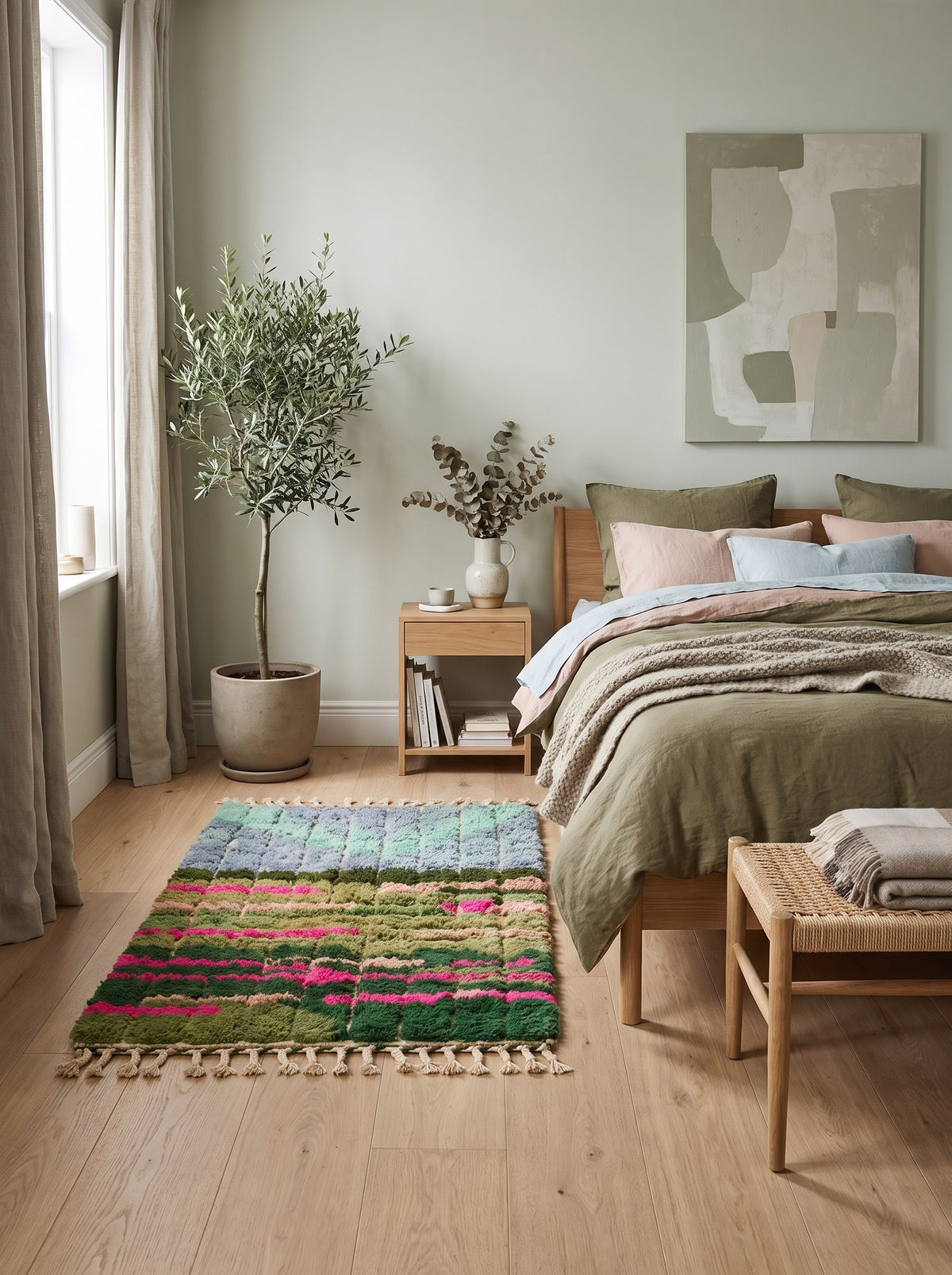 Tapis berbère coloré vert et rose Sefrou dans une chambre, noué main au Maroc