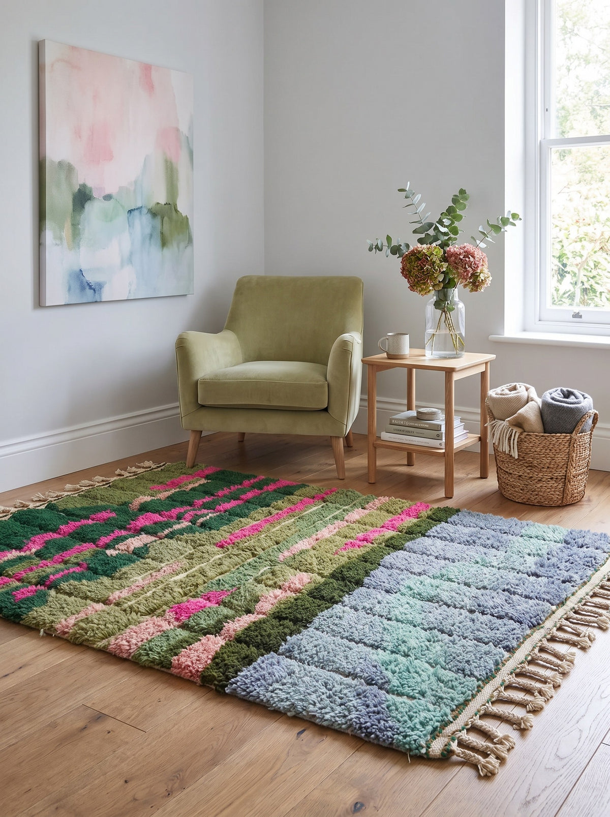 Tapis berbère coloré vert et rose Sefrou dans un coin lecture, noué main au Maroc