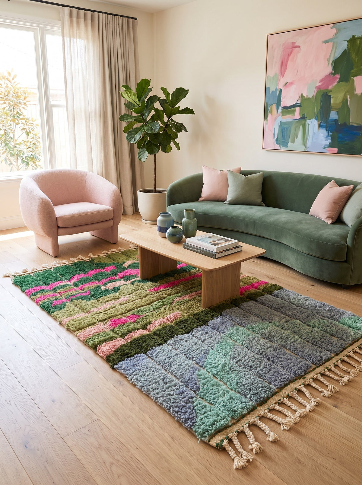 Tapis berbère coloré vert et rose Sefrou dans un salon, noué main au Maroc