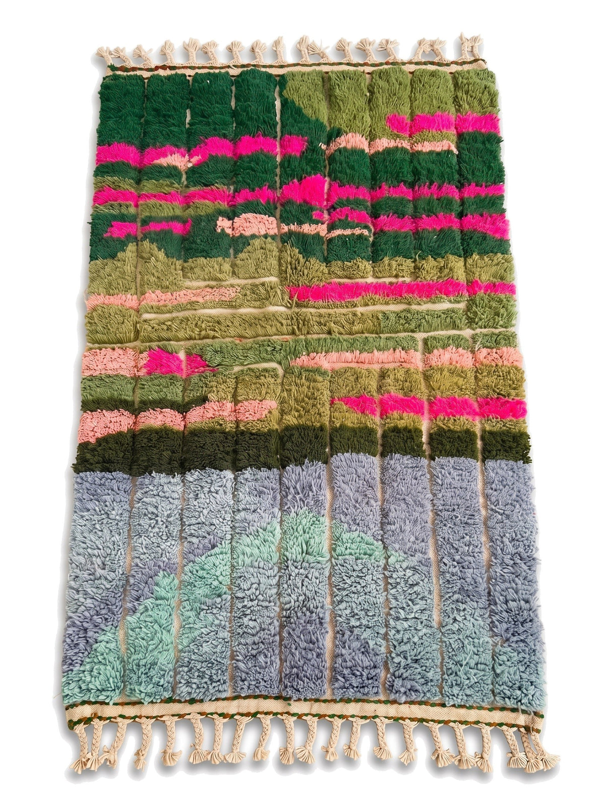 Sefrou colorful Berber rug in green and pink, laid flat, upper two thirds in separate fir green and olive columns