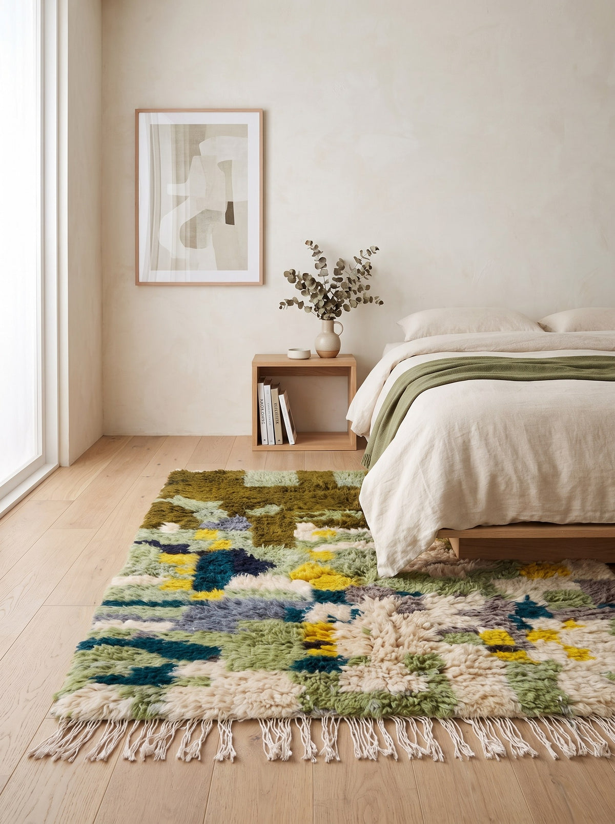 Tapis berbère coloré vert olive Aoufous dans une chambre, noué main au Maroc