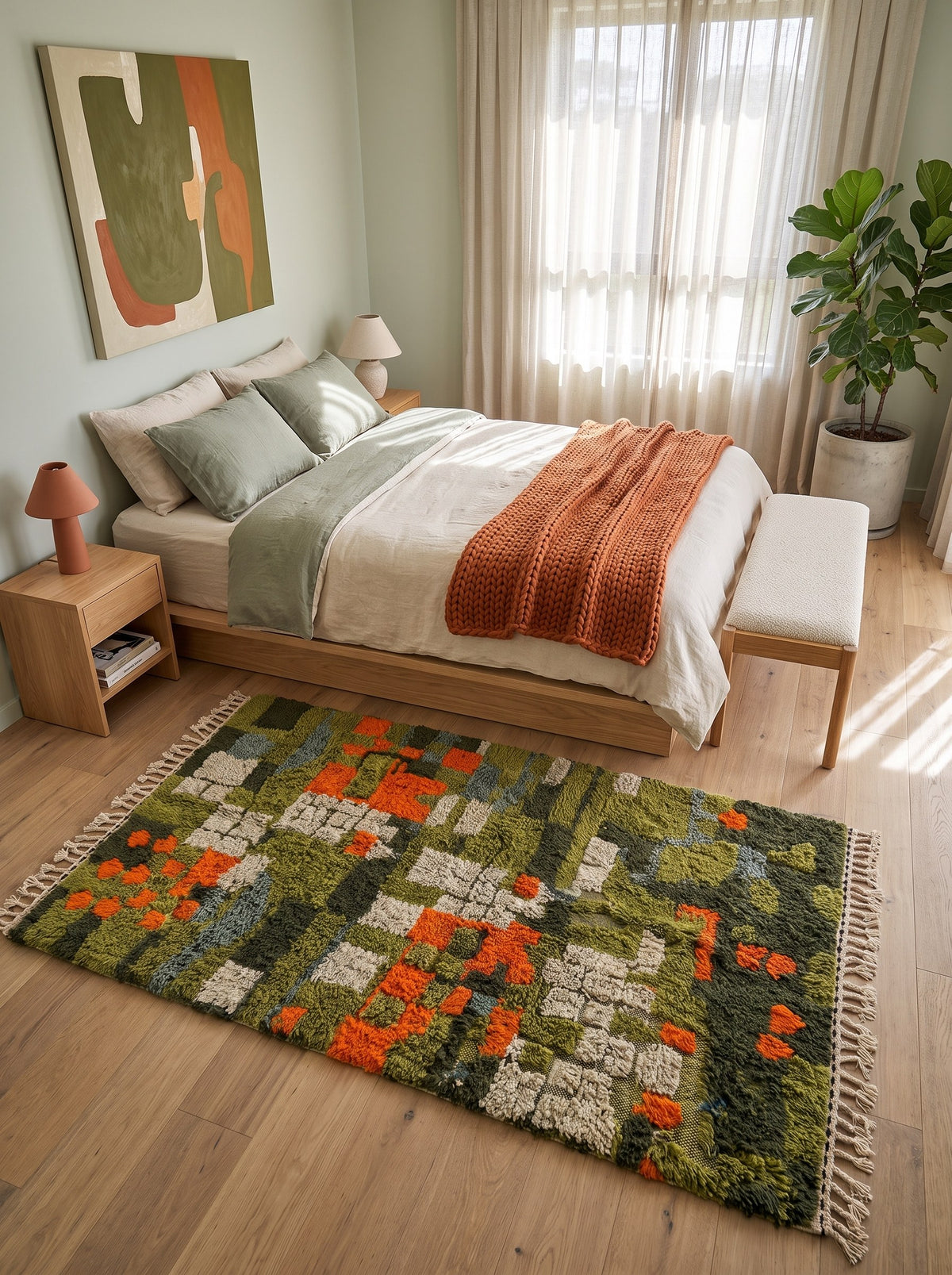 Tapis berbère coloré vert olive Ounagha dans une chambre, noué main au Maroc