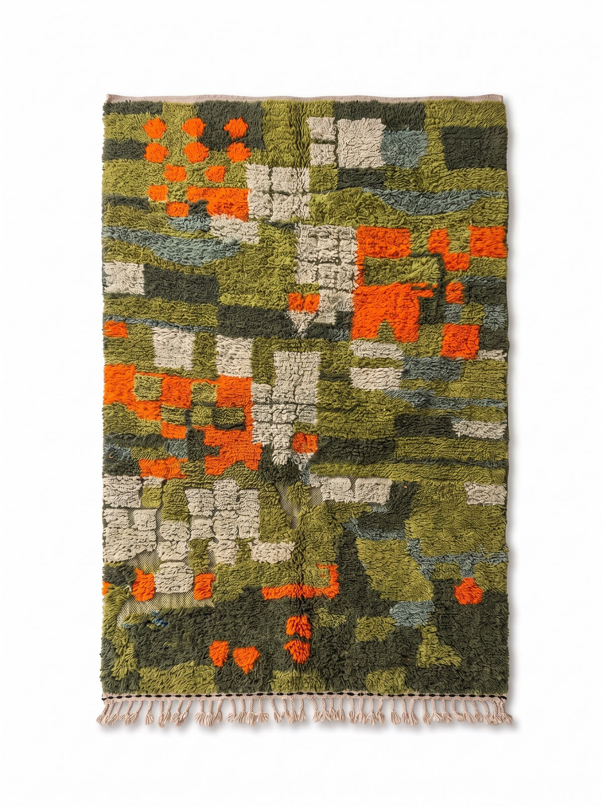 Tapis berbère coloré vert olive Ounagha vu à plat, mosaïque de carrés et rectangles vert olive