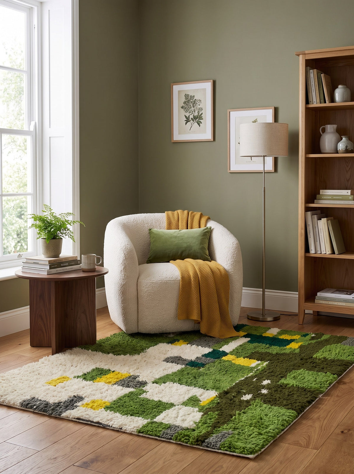 Tapis berbère coloré vert Zegzel dans un coin lecture, noué main au Maroc